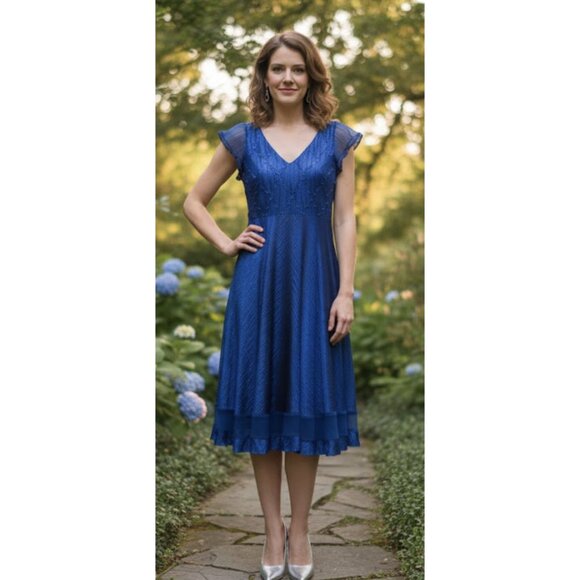 KOMAROV Crinkle Textured Satin Twirl Dress Royal Blue Feminine Evening Elegant - Picture 1 of 16